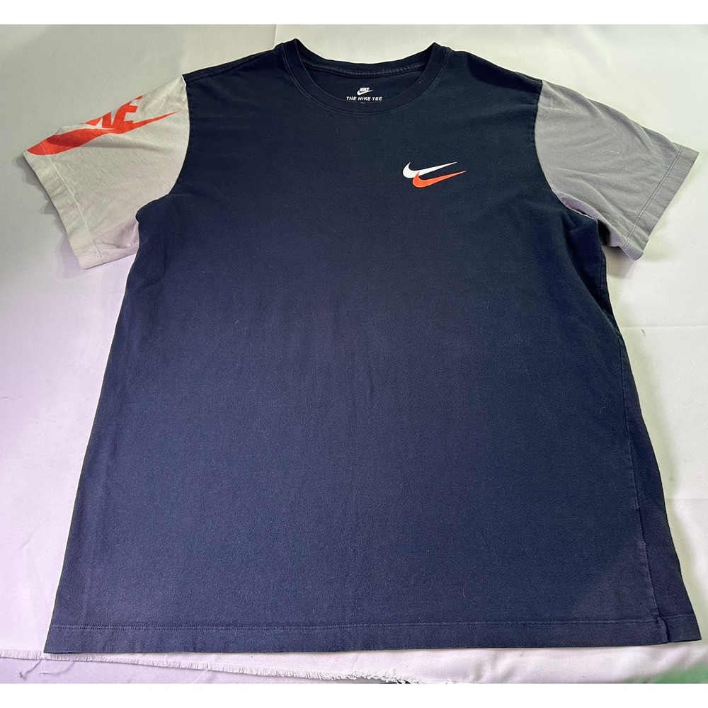 Nike‎ Double Swoosh Colorblock T-Shirt Mens XL Navy Blue Gray Orange Graphic Tee